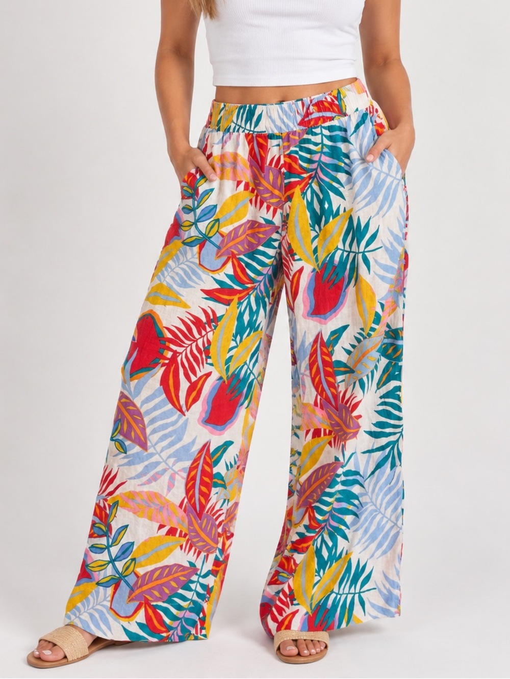 C&C California White Wide-Leg Pants with Multicolor Tropical Print 100% Linen